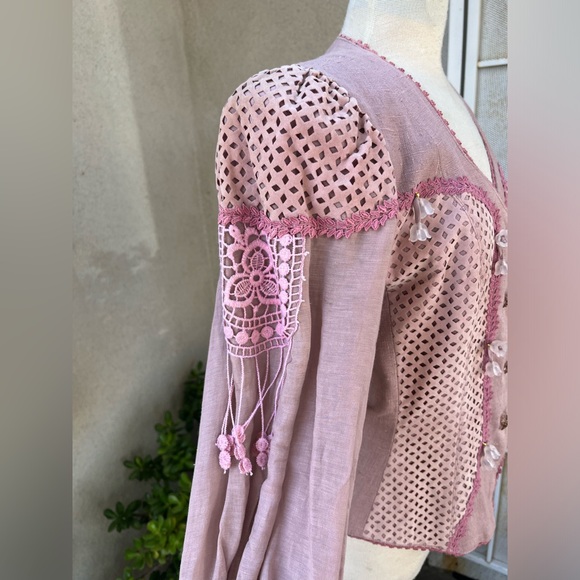 Vintage glam blazer jacket dusty rose linen faux suede floral beads Med La Foret - Picture 7 of 14